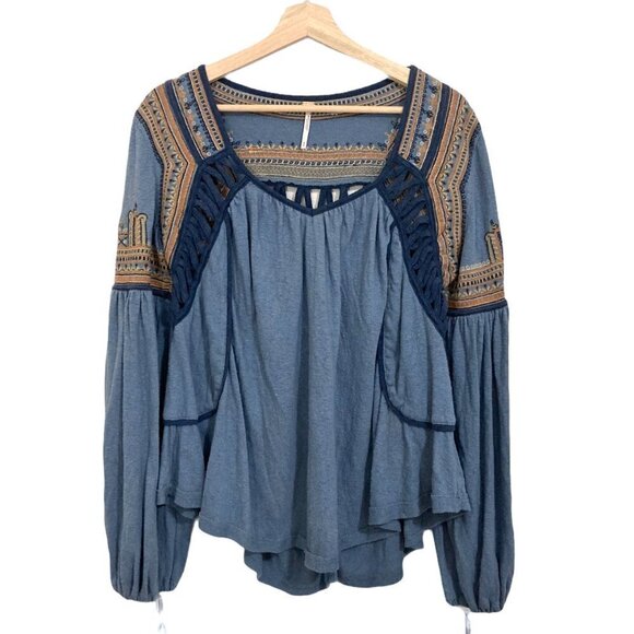FREE PEOPLE Snow Kisses Embroidered Balloon Sleeve Boho Peasant Top - Picture 7 of 15
